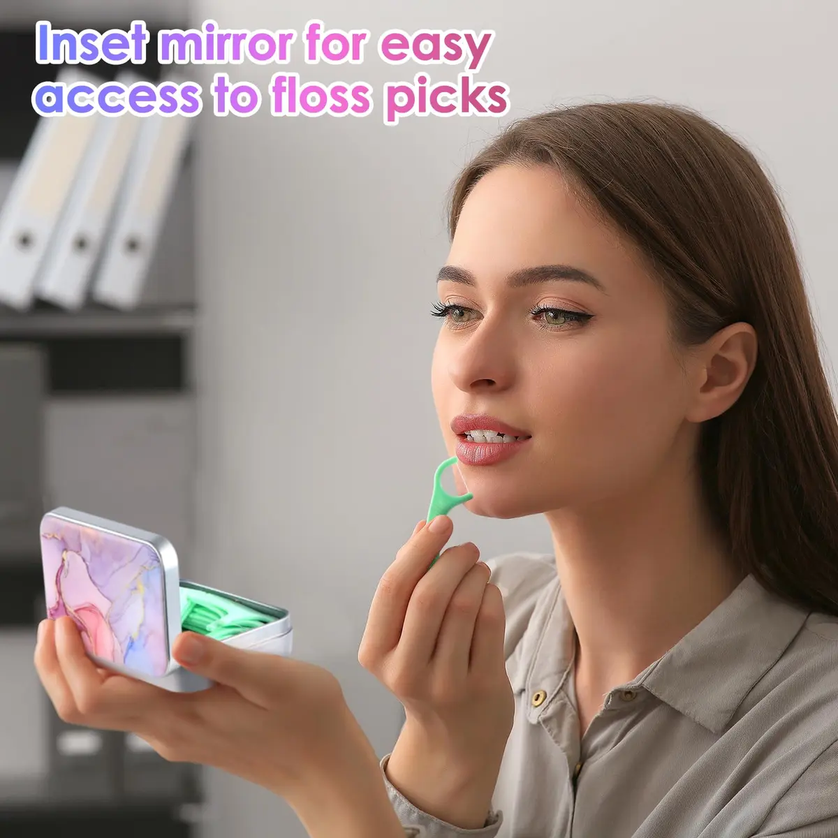 Gerkia Pink Marble Dental Floss Case with Mirror | Portable Travel Essentials - view 4