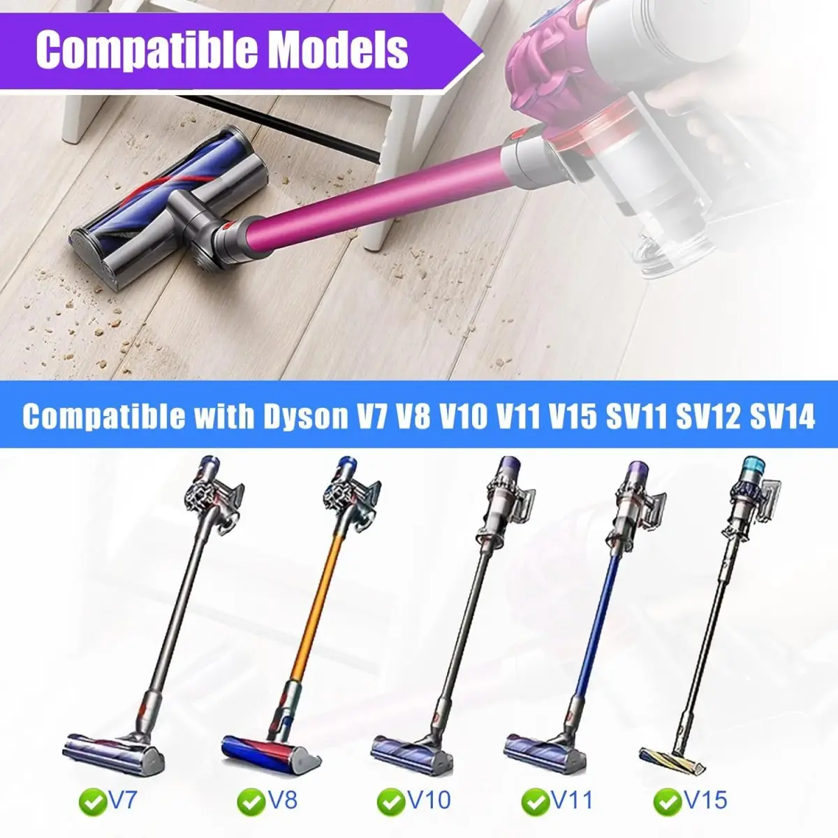 Vanclearidea Direct Drive Brush Head for Dyson V7 V8 V10 V11 V15 Vacuum Cleaner | Quick-Release Motorhead with 2 Wheels - view 2