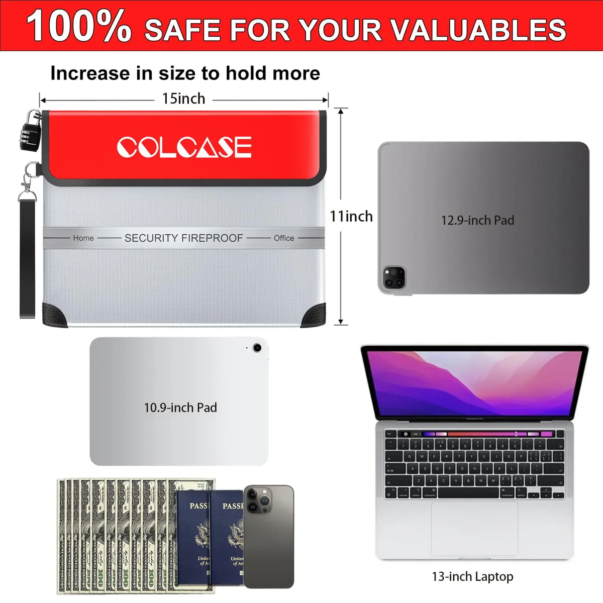 COLCASE Fireproof Document Bag 15 x 11 inches Silver | 5200℉ Heat Insulated Waterproof with Lock - view 7
