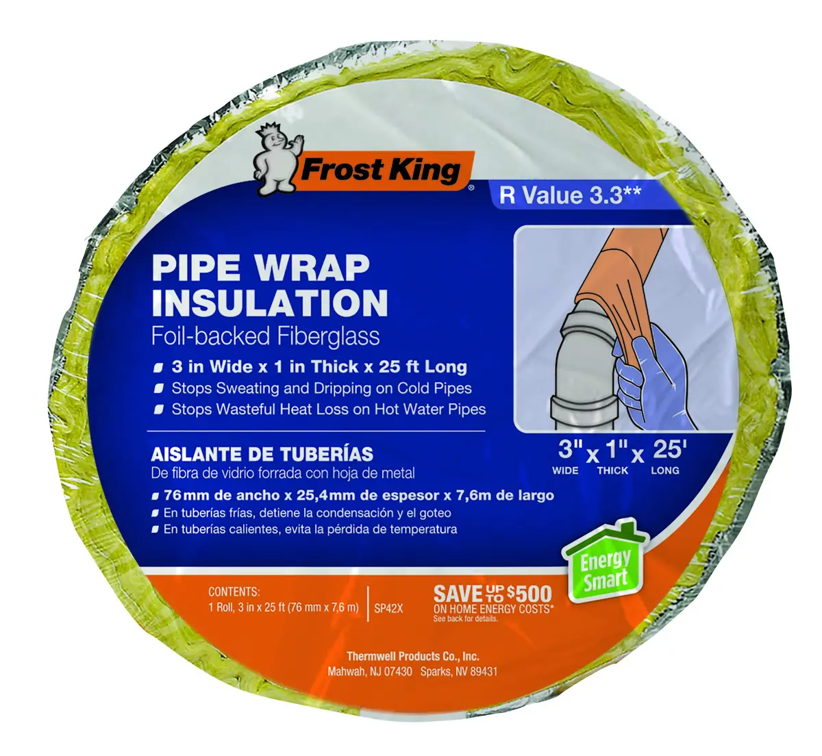 Frost King Foil Backed Fiberglass Pipe Wrap 3"x1"x25' (Pack of 2) | 1-Inch Thick Vapor Barrier for Hot & Cold Pipes - view 2