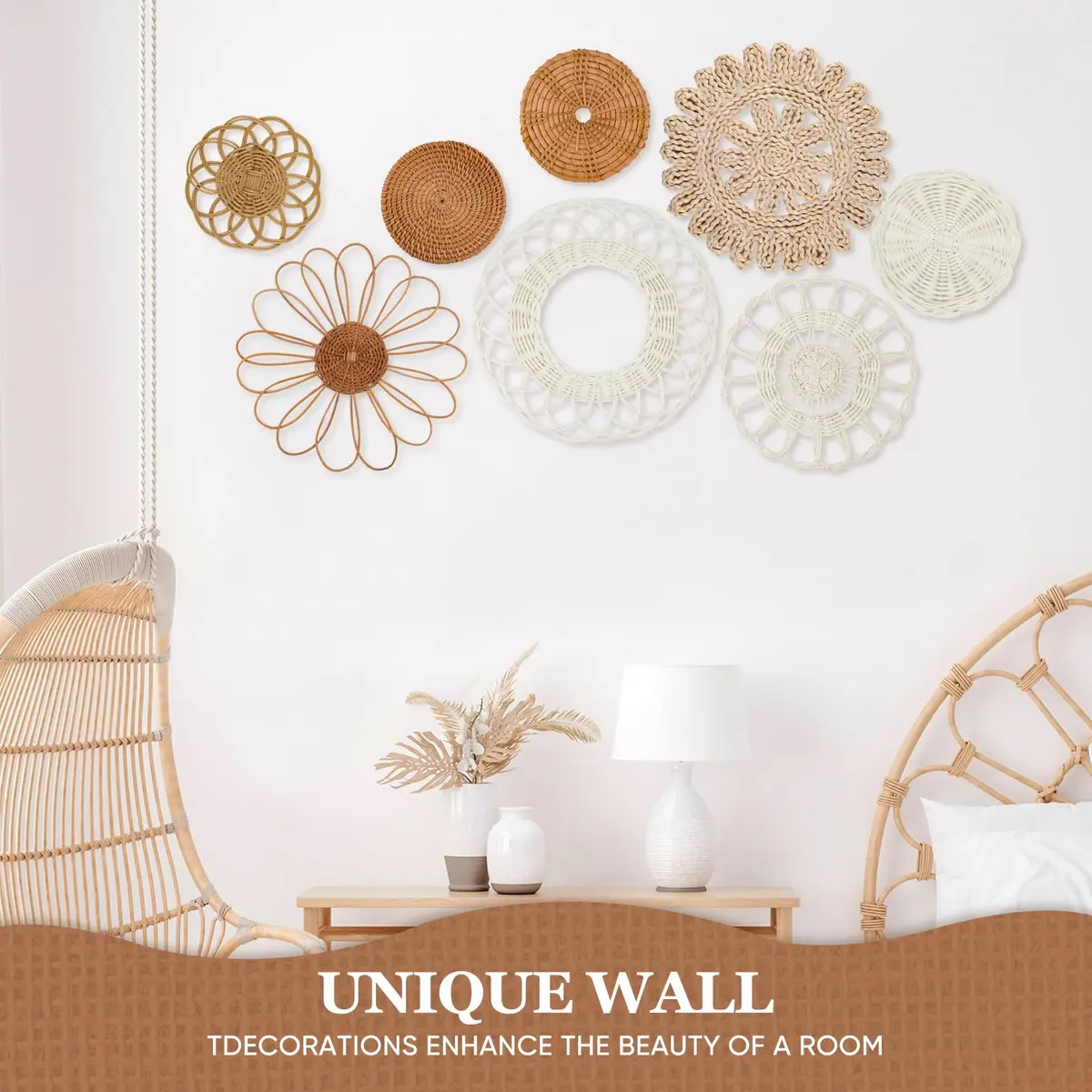 LOCS MICRAI Boho Wall Basket Decor Set of 8 | Handcrafted Rattan & Wicker Wall Art for Home & Kitchen - view 5