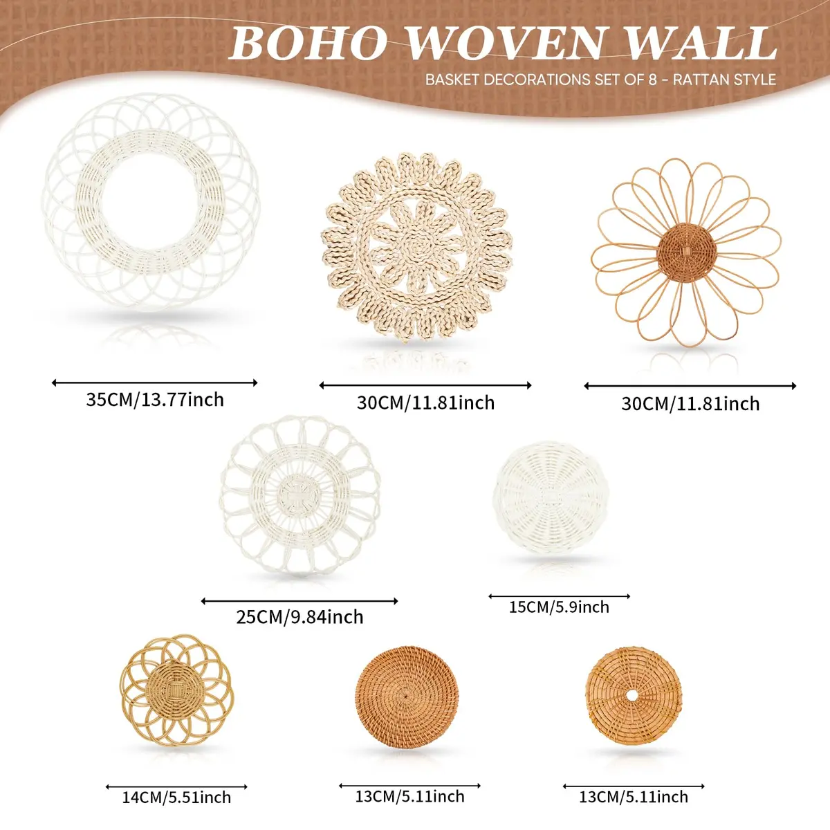 LOCS MICRAI Boho Wall Basket Decor Set of 8 | Handcrafted Rattan & Wicker Wall Art for Home & Kitchen - view 2