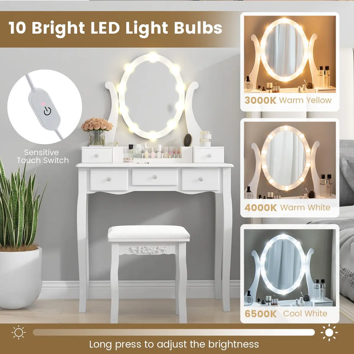 CHARMAID Makeup Vanity with Lighted Mirror, 10 LED Lights, 3-Color Modes, Adjustable Brightness, 5 Drawers, White & Cushioned Stool - view 4