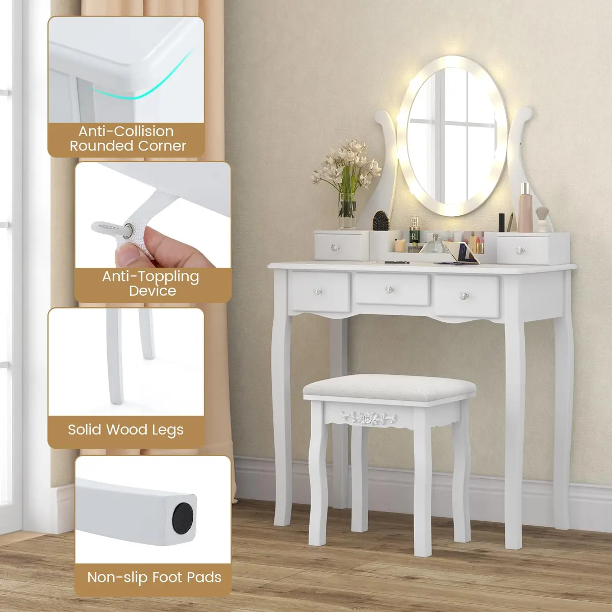 CHARMAID Makeup Vanity with Lighted Mirror, 10 LED Lights, 3-Color Modes, Adjustable Brightness, 5 Drawers, White & Cushioned Stool - view 5