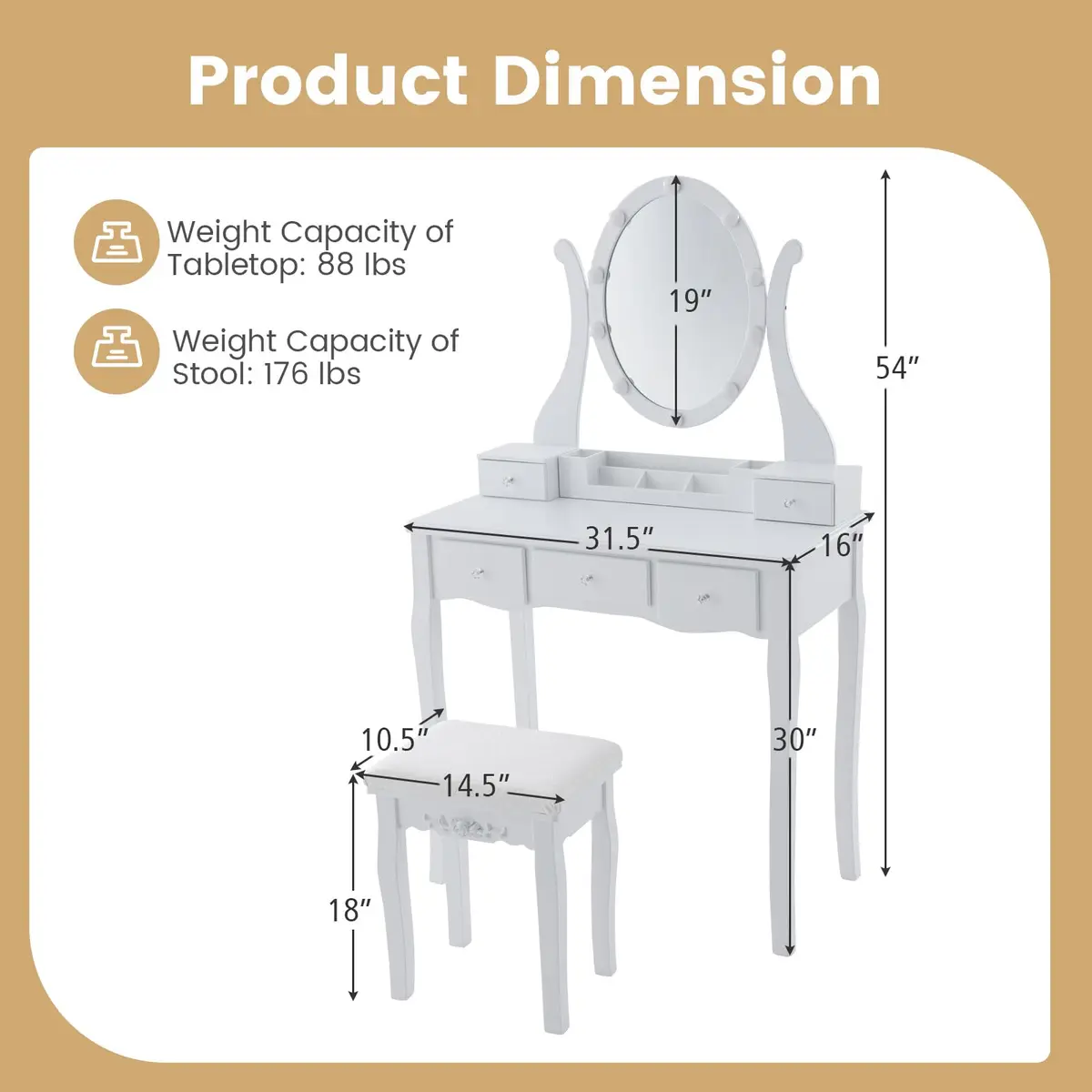 CHARMAID Makeup Vanity with Lighted Mirror, 10 LED Lights, 3-Color Modes, Adjustable Brightness, 5 Drawers, White & Cushioned Stool - view 6