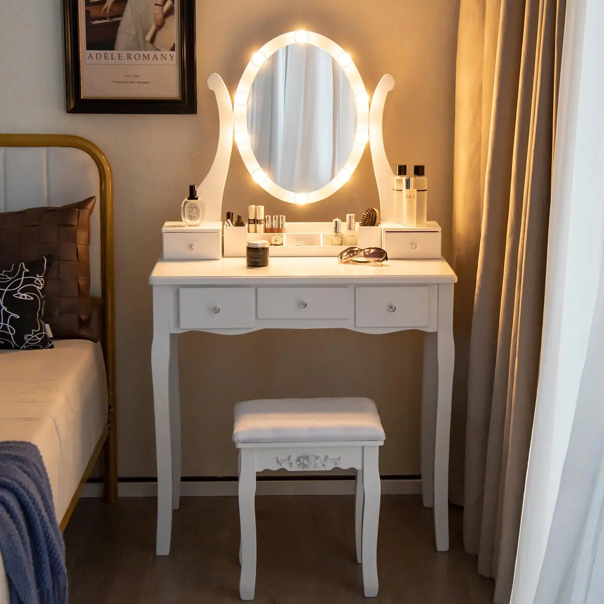 CHARMAID Makeup Vanity with Lighted Mirror, 10 LED Lights, 3-Color Modes, Adjustable Brightness, 5 Drawers, White & Cushioned Stool - main product image