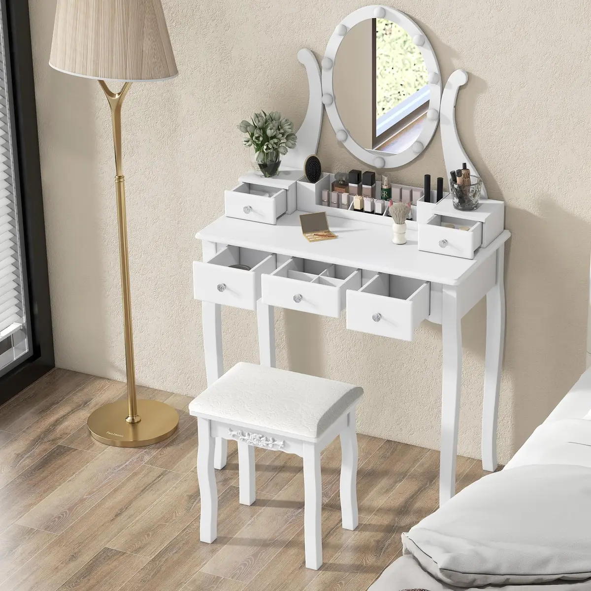 CHARMAID Makeup Vanity with Lighted Mirror, 10 LED Lights, 3-Color Modes, Adjustable Brightness, 5 Drawers, White & Cushioned Stool - view 7