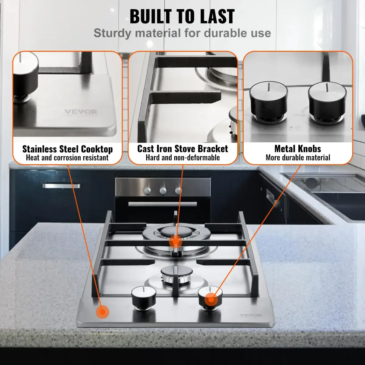 VEVOR 12 inch Gas Cooktop 2 Burners 12250BTU Stainless Steel | 220V Compatible Built-In LPG/NG Convertible - view 5