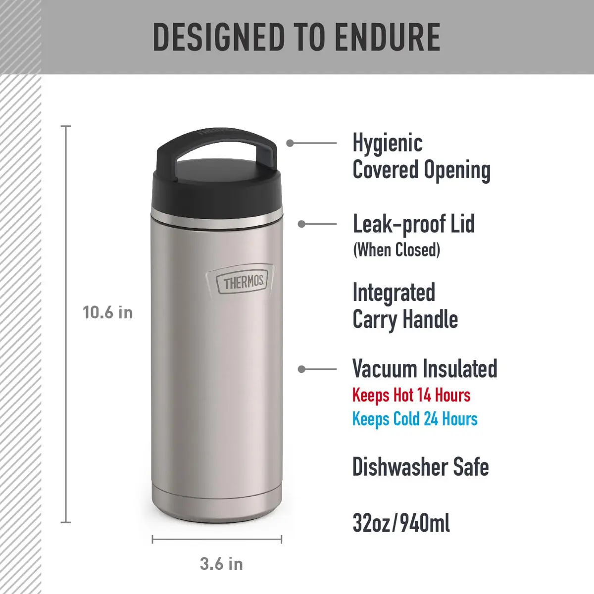THERMOS ICON SERIES Stainless Steel Water Bottle 32oz | Vacuum Insulated, Matte Stainless Steel - view 2