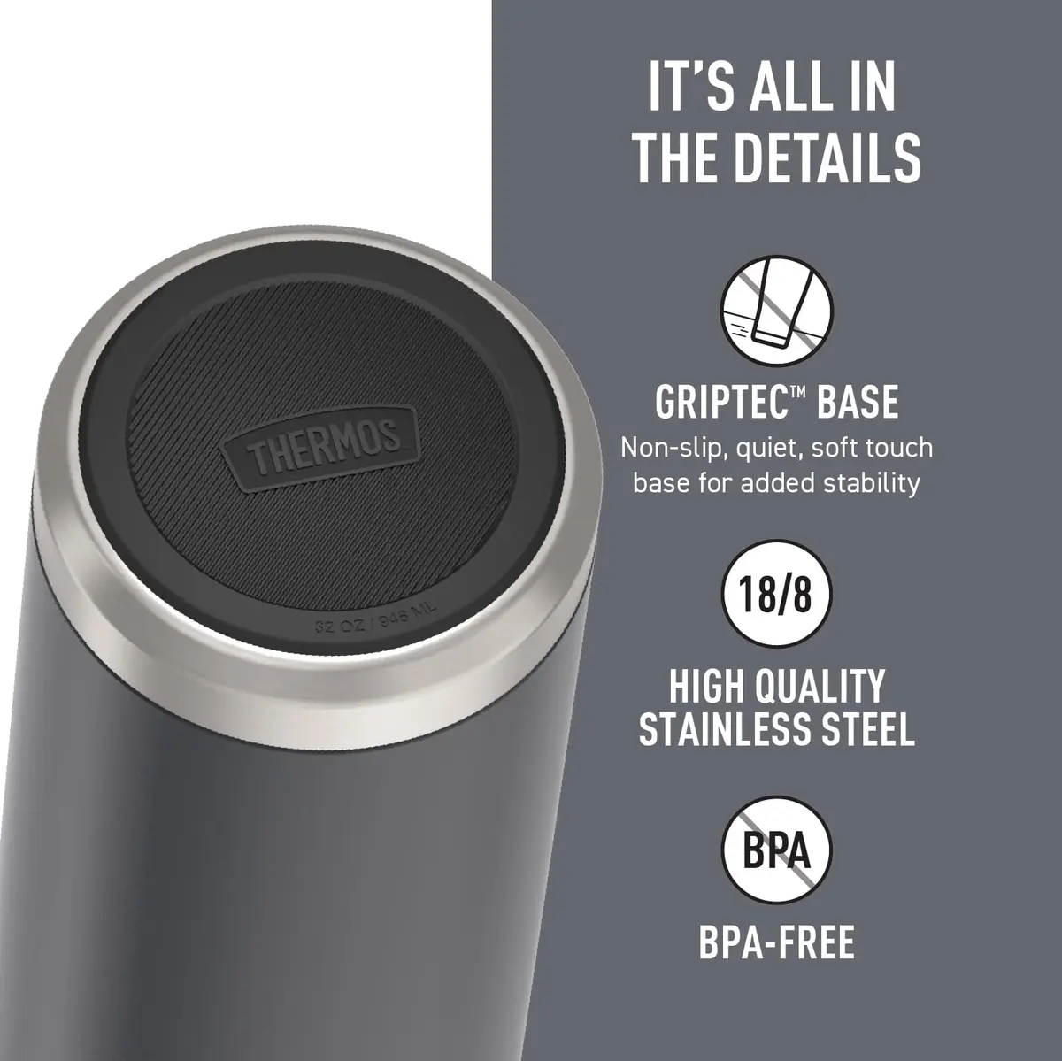 THERMOS ICON SERIES Stainless Steel Water Bottle 946ml (32 Ounce) with Screw Top Lid, Granite | Keeps Drinks Hot 14 Hrs, Cold 24 Hrs - view 4