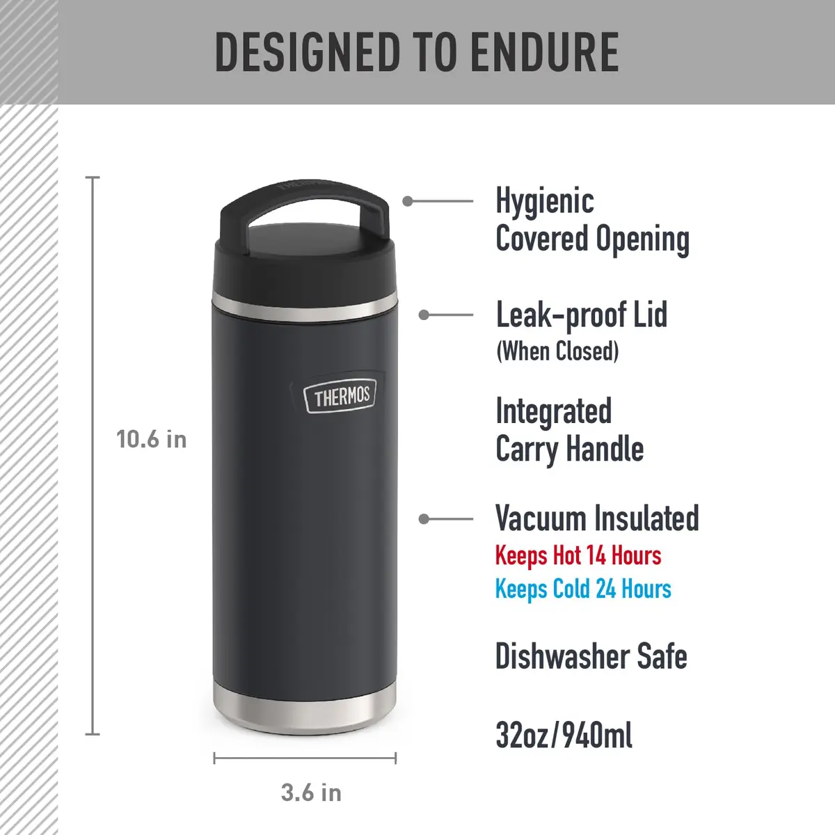 THERMOS ICON SERIES Stainless Steel Water Bottle 946ml (32 Ounce) with Screw Top Lid, Granite | Keeps Drinks Hot 14 Hrs, Cold 24 Hrs - view 2