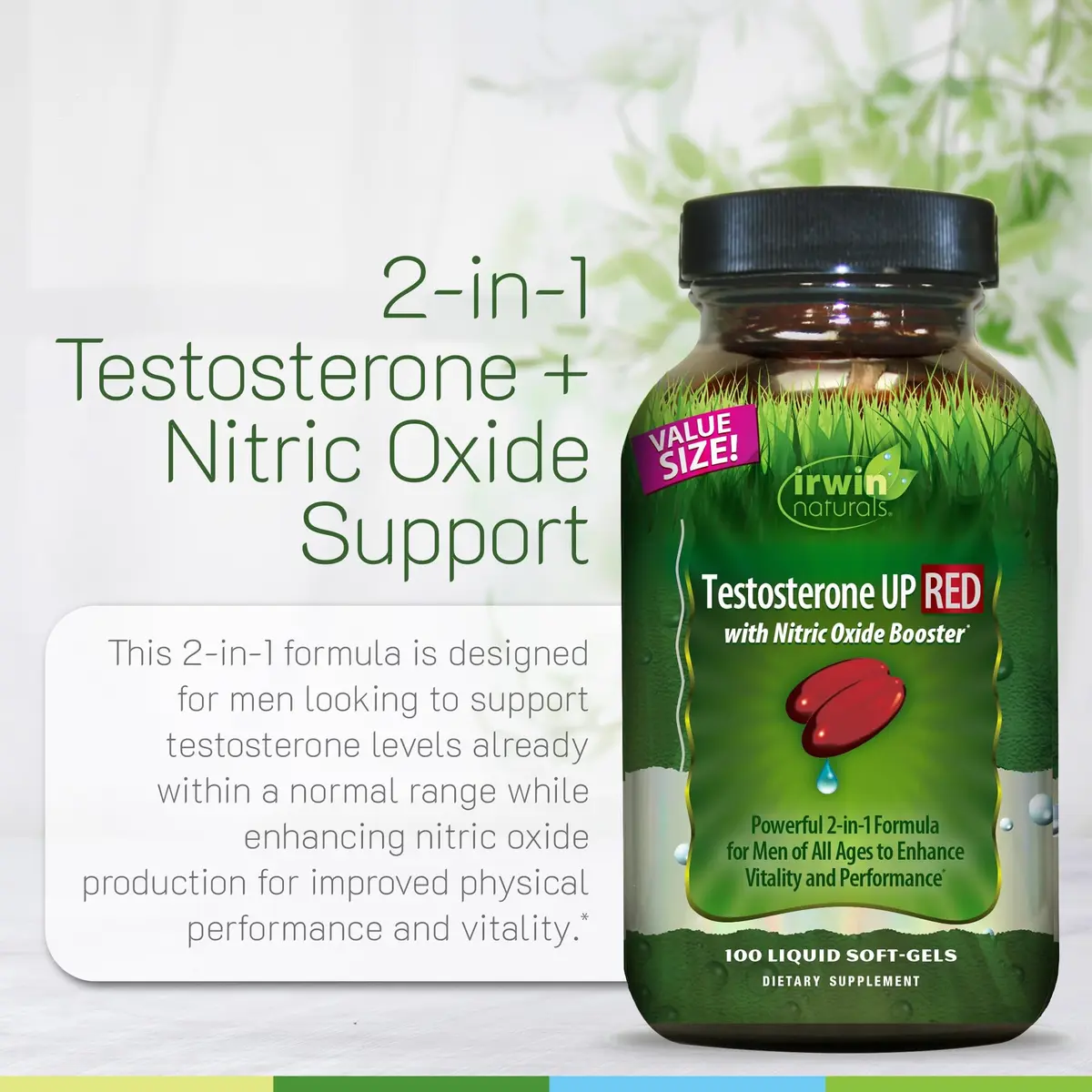 Irwin Naturals Testosterone UP RED with Nitric Oxide Booster | 100 Softgels for Male Vitality & Circulation Support - view 5