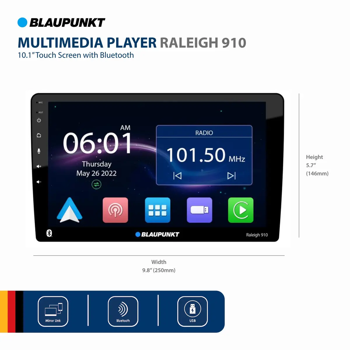 BLAUPUNKT Raleigh 910 10.1" Touch Screen Car Radio with Android Auto & Apple CarPlay | 1024 x 600 TFT Display, 13-Band EQ, Bluetooth - view 2