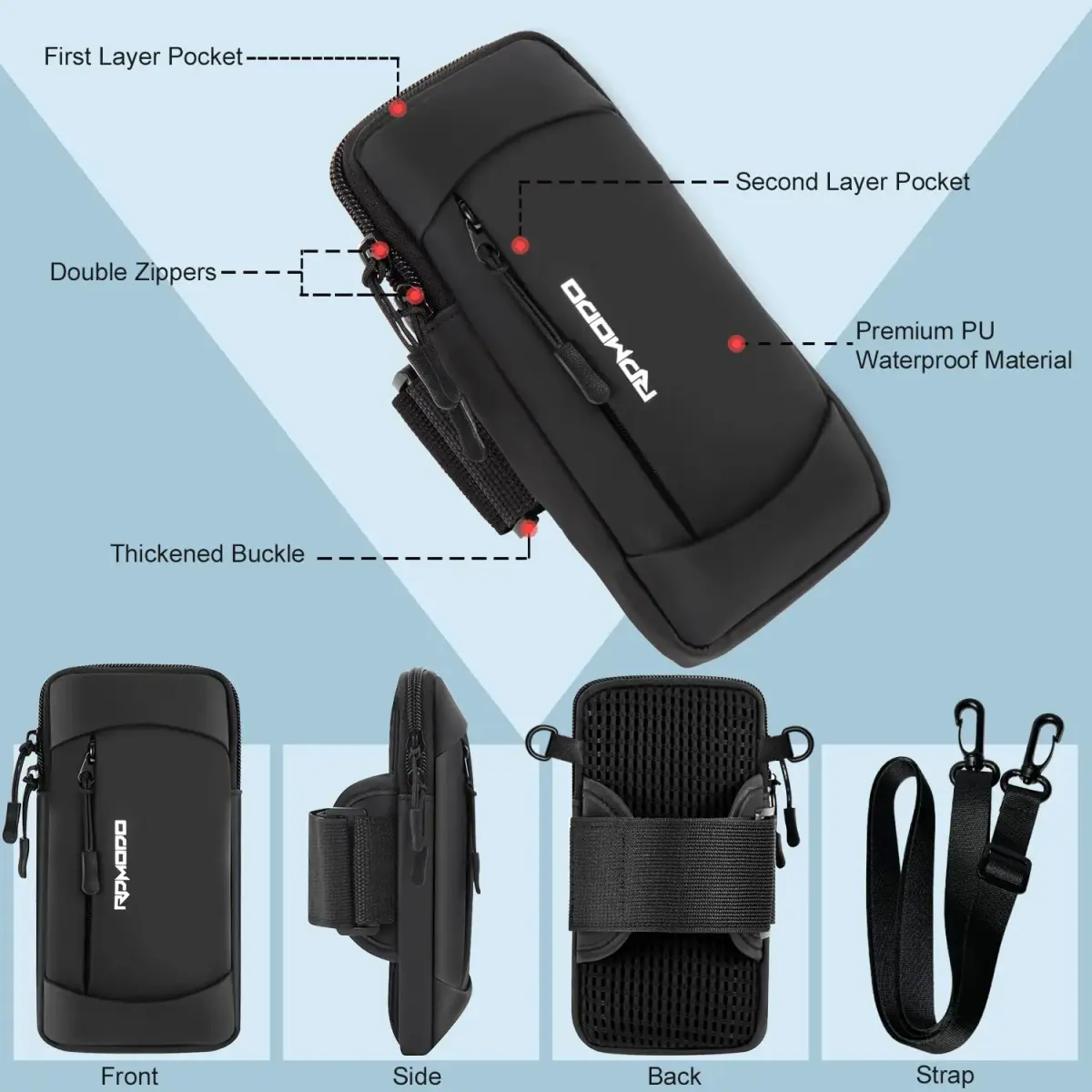 RDMODO Running Armband Phone Holder with Crossbody Strap, 19cm (7.5 Inch) Black | Universal Fit for Most Phones - view 2