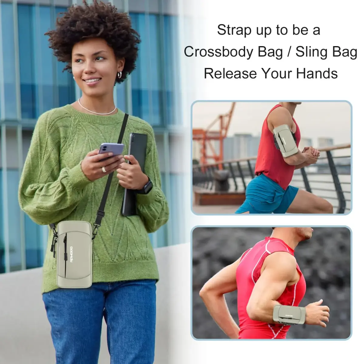 RDMODO Universal Phone Armband & Crossbody Bag 7.5 inch (19cm) Khaki | Water Resistant & Lightweight for Running - view 6
