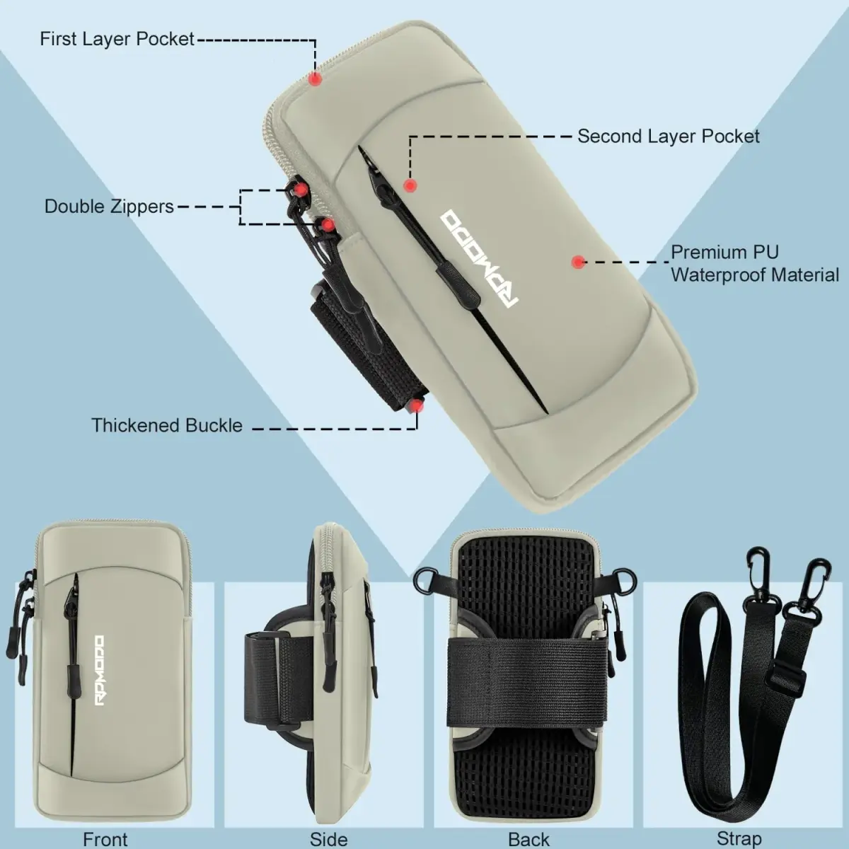 RDMODO Universal Phone Armband & Crossbody Bag 7.5 inch (19cm) Khaki | Water Resistant & Lightweight for Running - view 2
