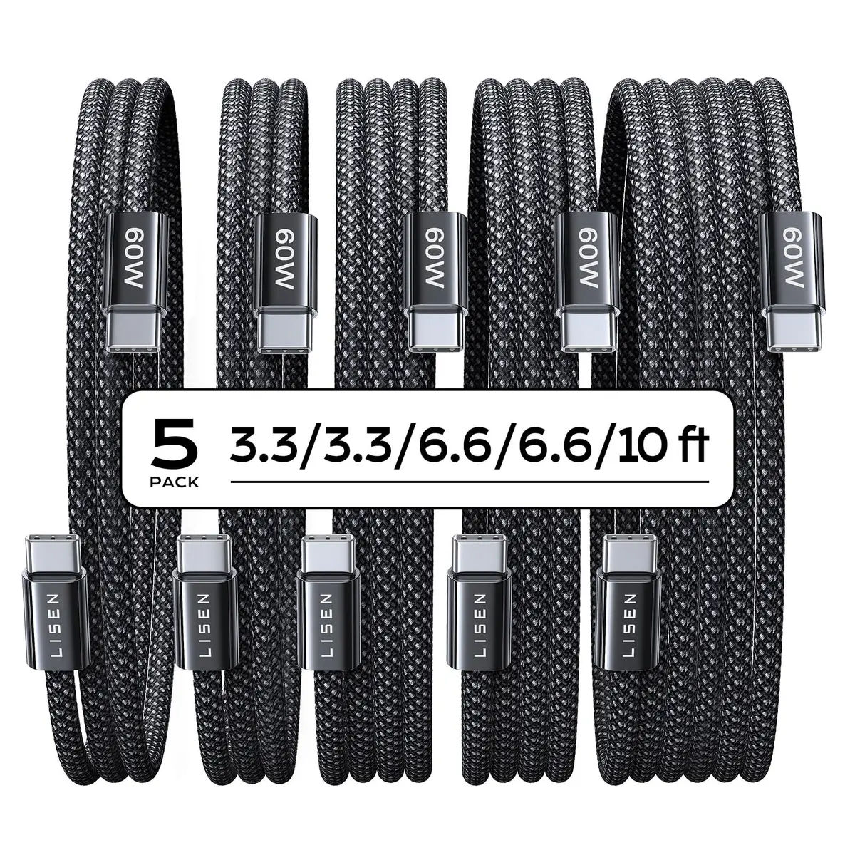 LISEN USB C to USB C Cable 60W 5-Pack | Fast Charging & Data Transfer (70-120 chars) - main product image