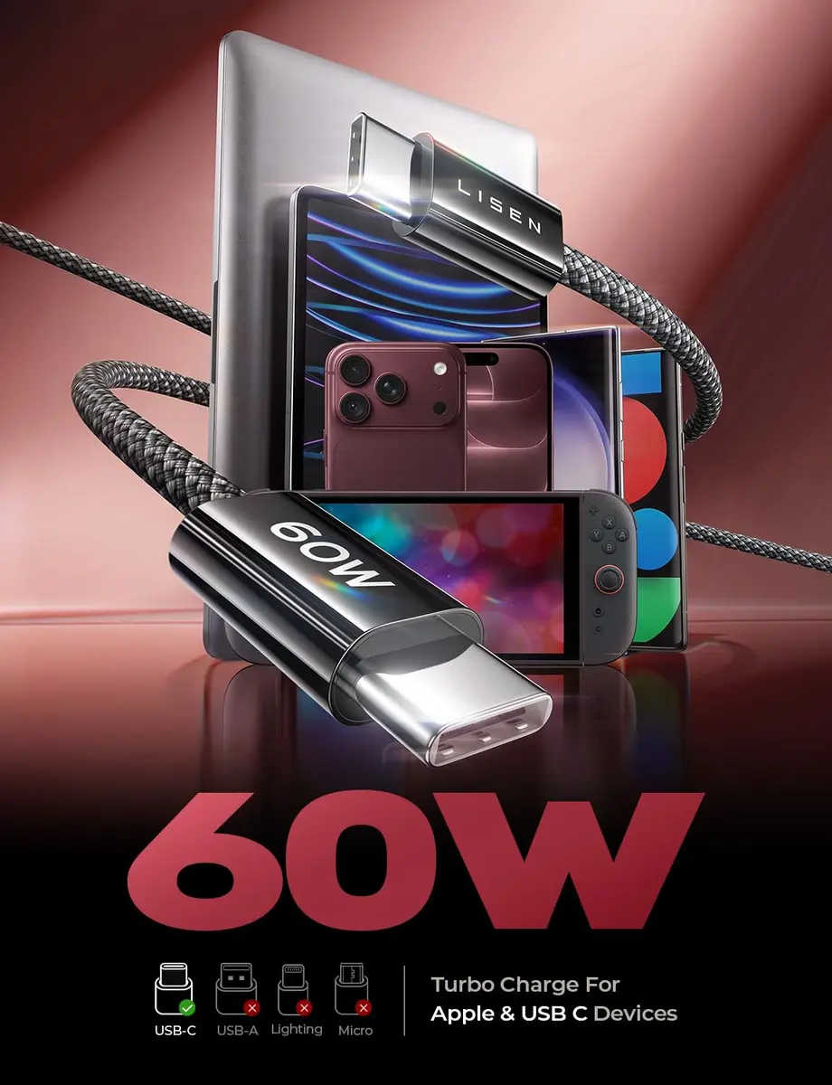 LISEN USB C to USB C Cable 60W 5-Pack | Fast Charging & Data Transfer (70-120 chars) - view 3