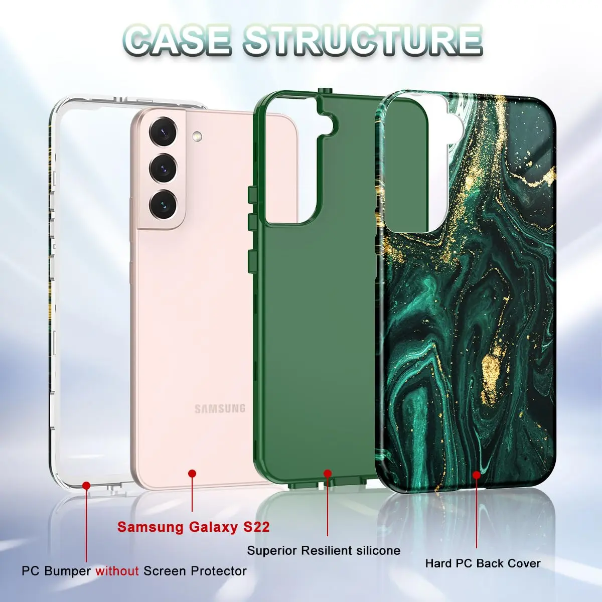 Btscase Green Gold Marble Pattern Case for Samsung Galaxy S22 5G 6.1 Inch | Triple-Layer Protection - view 2