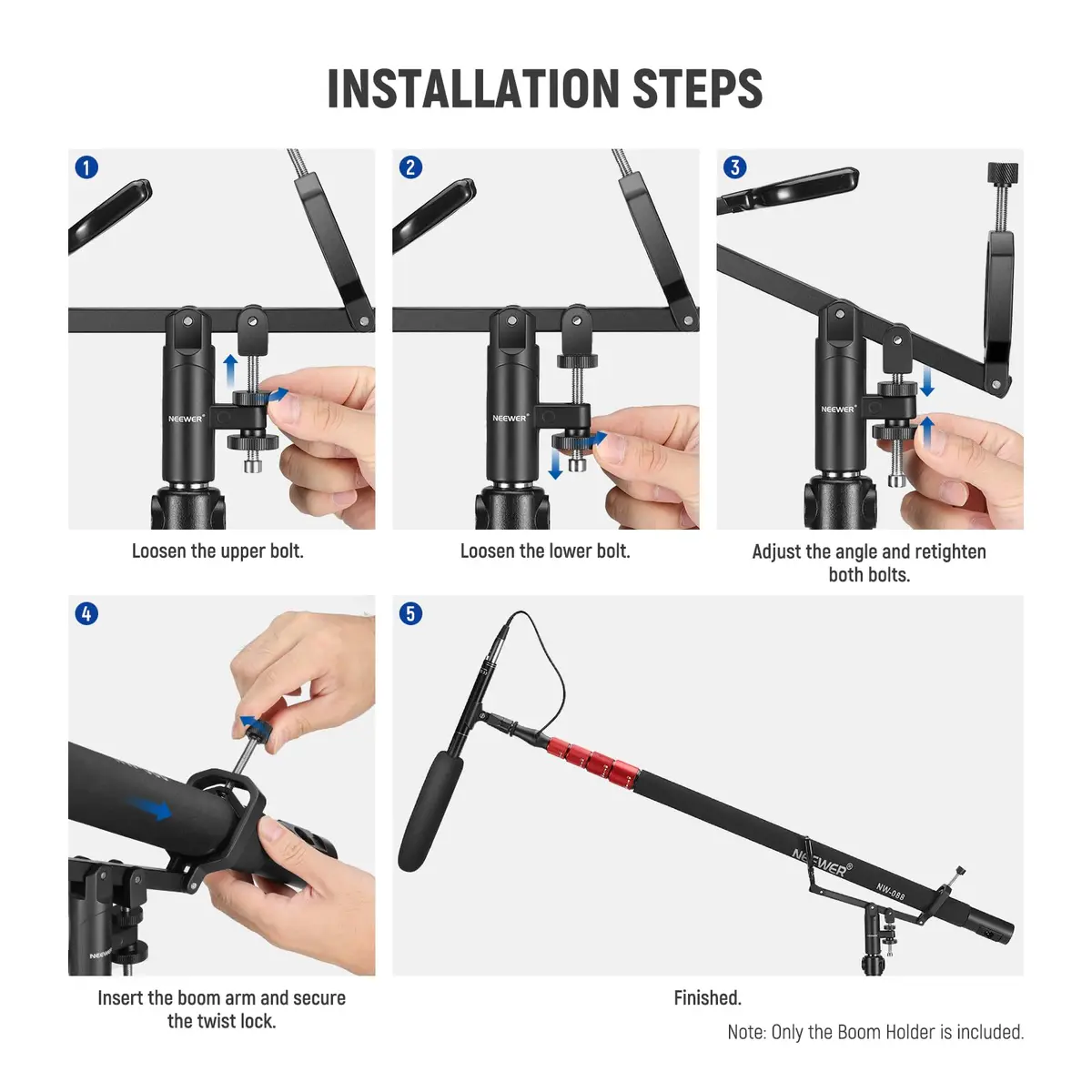 NEEWER Mic Boom Pole Support Holder with 5/8" Stud for Light Stand Boom Arm | Adjustable Aluminum Support - view 6