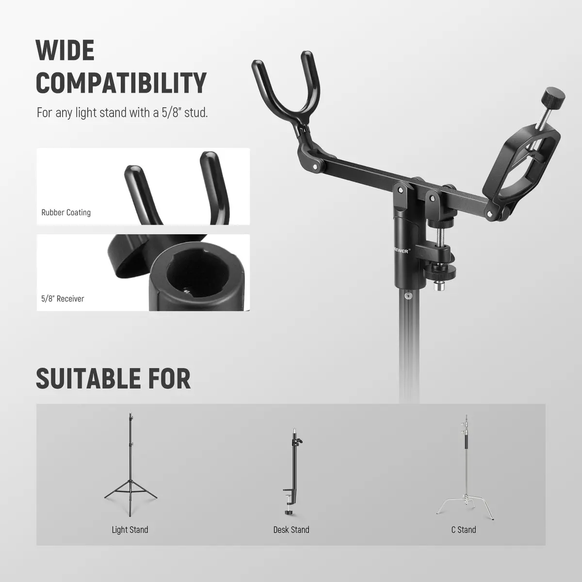 NEEWER Mic Boom Pole Support Holder with 5/8" Stud for Light Stand Boom Arm | Adjustable Aluminum Support - view 3