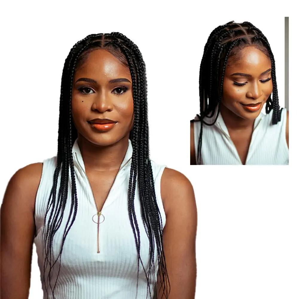 Wow Braids Box Braid Wig - Knotless Braided Wigs for Black women, with 360 glueless Full Swiss Lace Cap, & Human Baby Hair Frontal, Synthetic Long Neat African Handmade Braiding - 18 inch/Black | Realistic & Comfortable - main product image