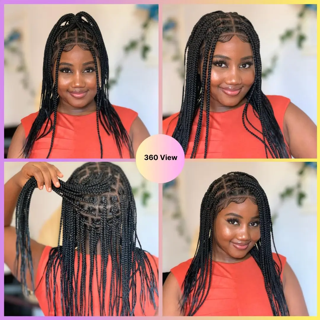 Wow Braids Box Braid Wig - Knotless Braided Wigs for Black women, with 360 glueless Full Swiss Lace Cap, & Human Baby Hair Frontal, Synthetic Long Neat African Handmade Braiding - 18 inch/Black | Realistic & Comfortable - view 6