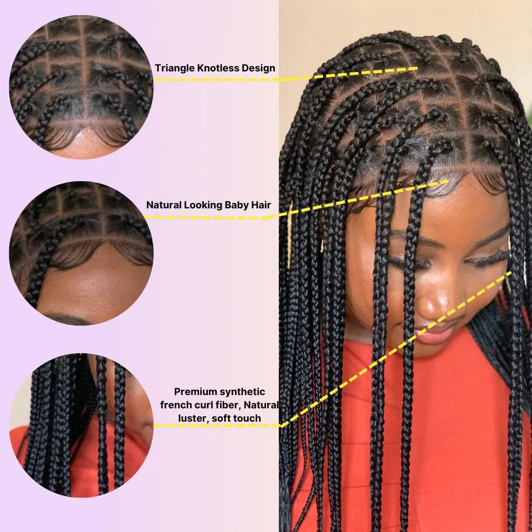 Wow Braids Box Braid Wig - Knotless Braided Wigs for Black women, with 360 glueless Full Swiss Lace Cap, & Human Baby Hair Frontal, Synthetic Long Neat African Handmade Braiding - 18 inch/Black | Realistic & Comfortable - view 2