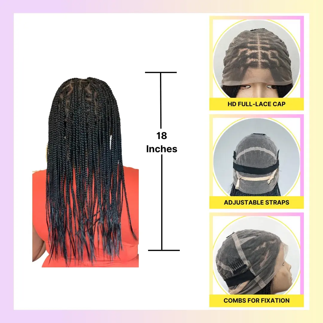 Wow Braids Box Braid Wig - Knotless Braided Wigs for Black women, with 360 glueless Full Swiss Lace Cap, & Human Baby Hair Frontal, Synthetic Long Neat African Handmade Braiding - 18 inch/Black | Realistic & Comfortable - view 3
