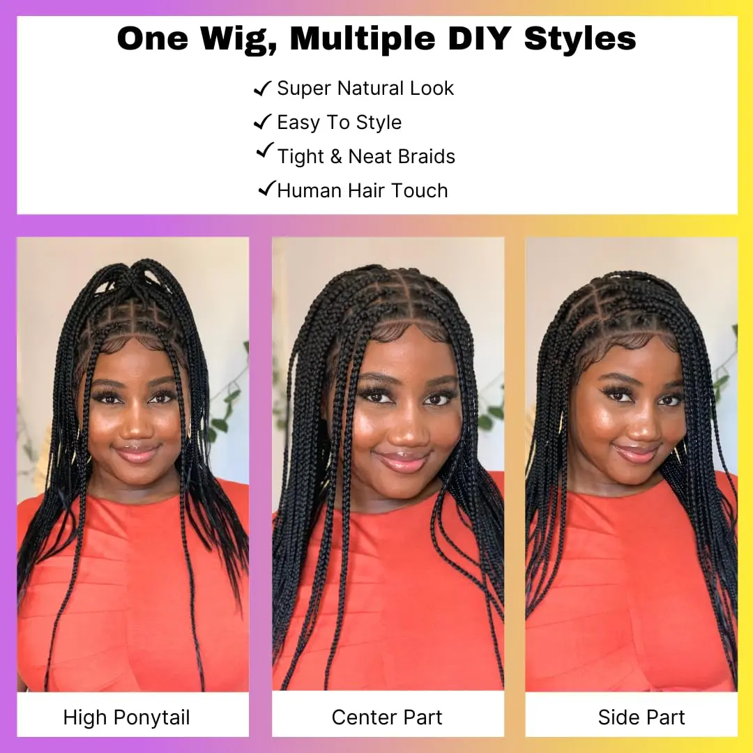 Wow Braids Box Braid Wig - Knotless Braided Wigs for Black women, with 360 glueless Full Swiss Lace Cap, & Human Baby Hair Frontal, Synthetic Long Neat African Handmade Braiding - 18 inch/Black | Realistic & Comfortable - view 4
