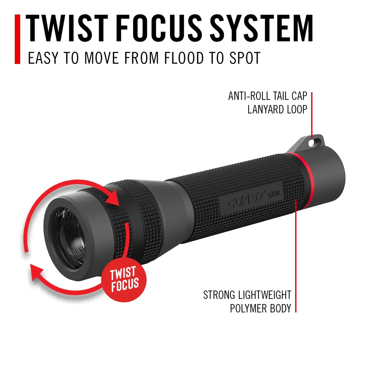 Coast GX30 2300 Lumen Waterproof LED Flashlight 8.5 inches | Dual Power, Focus & IPX7 - view 6