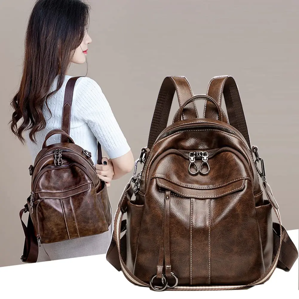 Mn&Sue Women's Leather Backpack Purse Medium Size Fashion Shoulder Bag Rucksack - Coffee, 25.7cm (10.1" W) - view 2