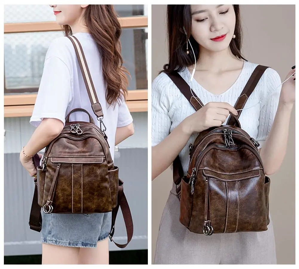 Mn&Sue Medium Leather Backpack Purse Coffee | 11" x 5.5" x 11.8" (28cm x 14cm x 30cm) - view 7