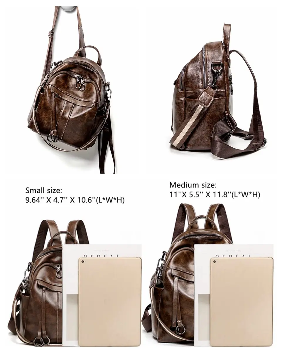 Mn&Sue Medium Leather Backpack Purse Coffee | 11" x 5.5" x 11.8" (28cm x 14cm x 30cm) - view 4