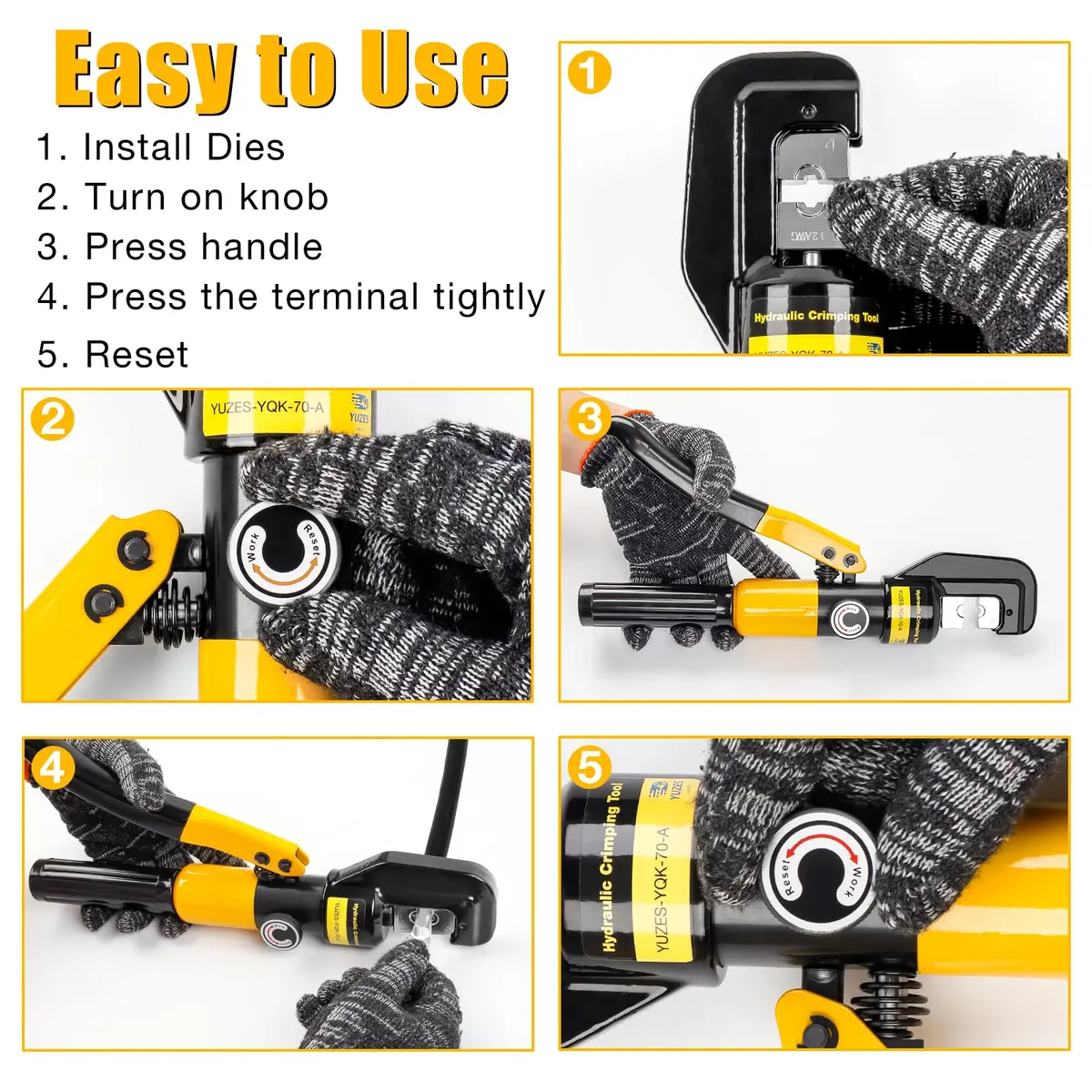 YUZES Hydraulic Crimping Tool 12 to 2/0 AWG | Heavy-Duty Battery Cable Crimper for Automotive & Industrial Use - view 7