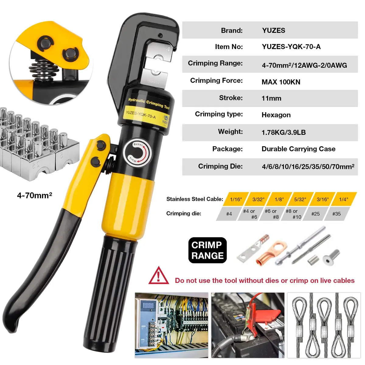 YUZES Hydraulic Crimping Tool 12 to 2/0 AWG | Heavy-Duty Battery Cable Crimper for Automotive & Industrial Use - view 2