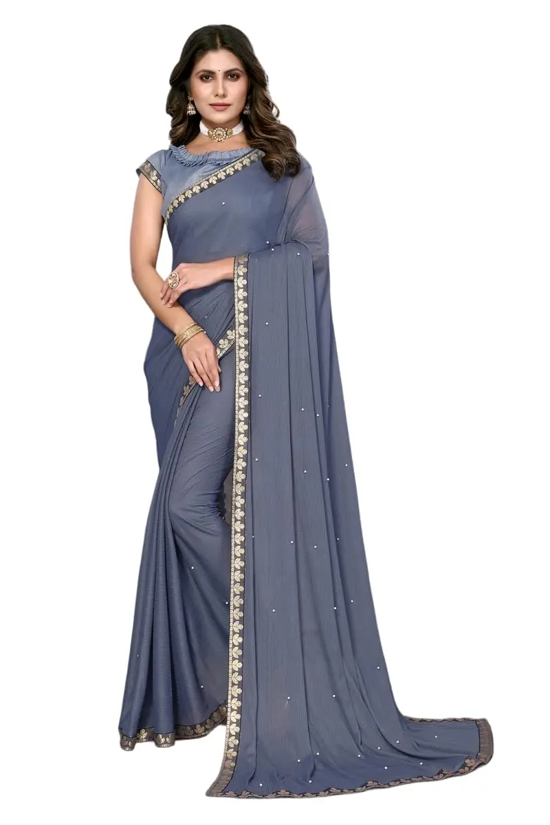 Yashika Lycra Blend Saree with Blouse Grey One Size | Floral Woven Fabric - main product image