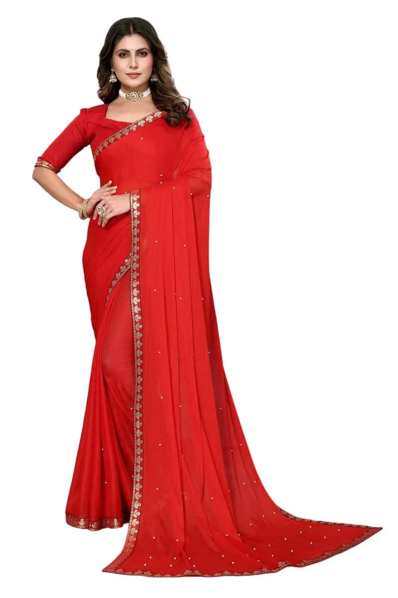 Yashika Womens Lycra Blend Saree Red 5.25m (5.75yd) | Floral Pattern Party Wear - main product image