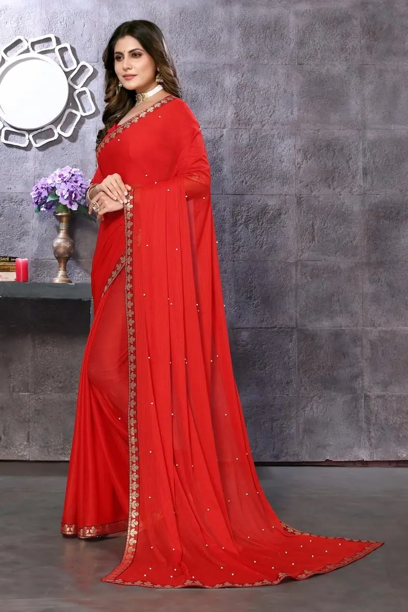 Yashika Womens Lycra Blend Saree Red 5.25m (5.75yd) | Floral Pattern Party Wear - view 5