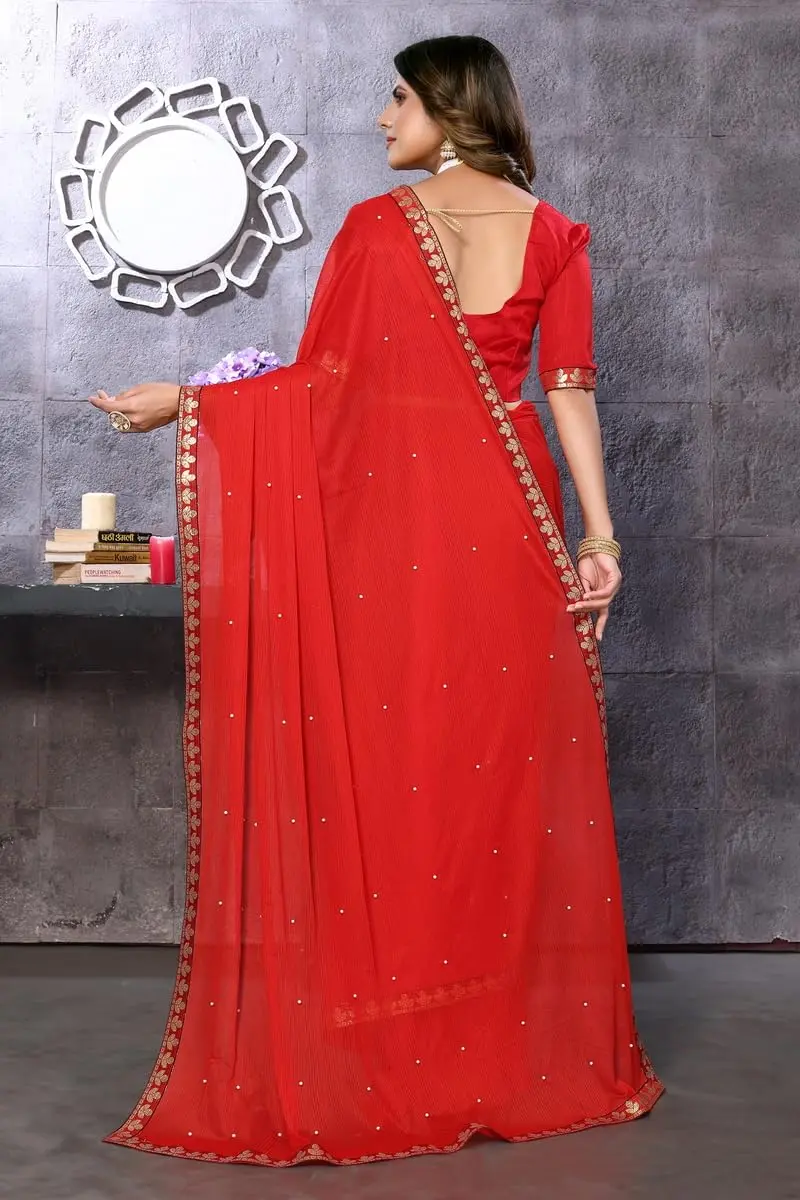 Yashika Womens Lycra Blend Saree Red 5.25m (5.75yd) | Floral Pattern Party Wear - view 4