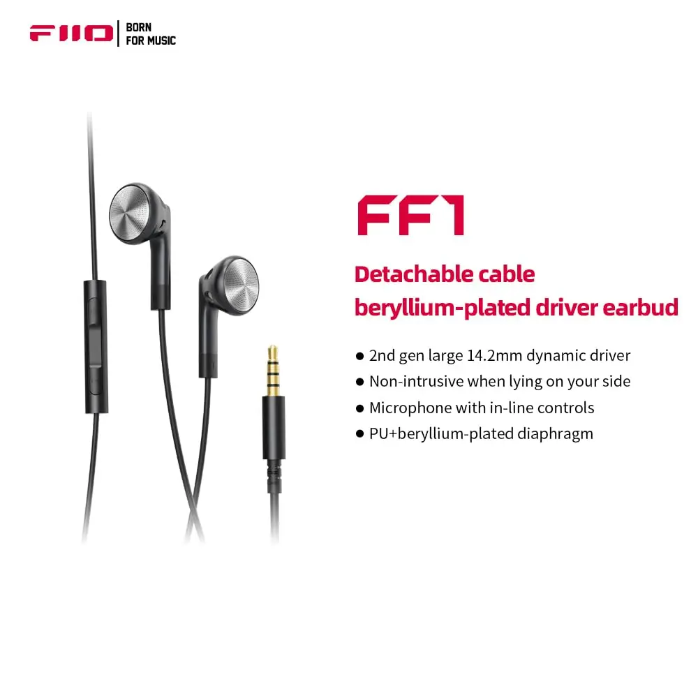 FiiO FF1 Wired In-Ear Headphones with 14.2mm Dynamic Drivers & HD Microphone | Black, 1.2m Cable - view 2