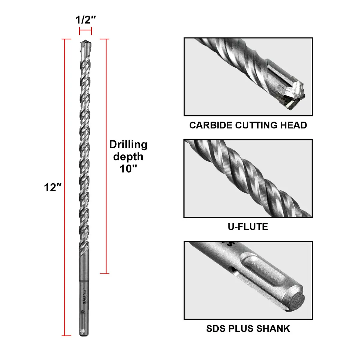 SALI 5 Pcs 1/2"*12" SDS Plus Rotary Hammer Drill Bit Kit | Carbide Tipped for Concrete, Brick, Stone - view 2
