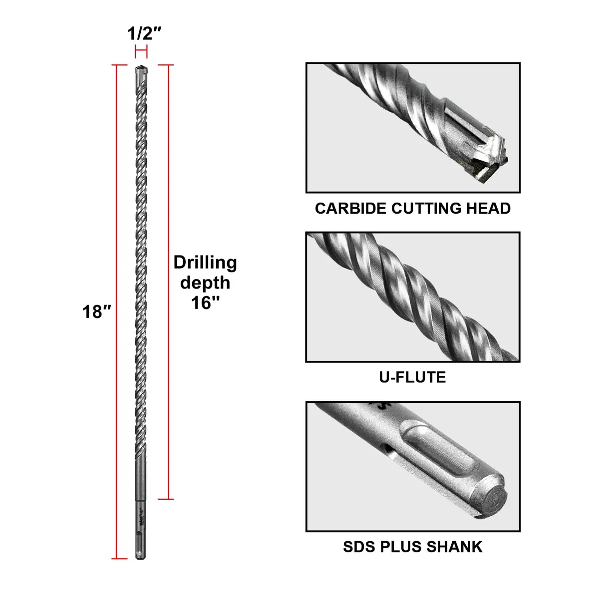 SALI SDS Plus Rotary Hammer Drill Bit Kit 1/2"x18" (12.7mm x 457.2mm) | 4-Cutter Carbide for Concrete & Brick - view 2