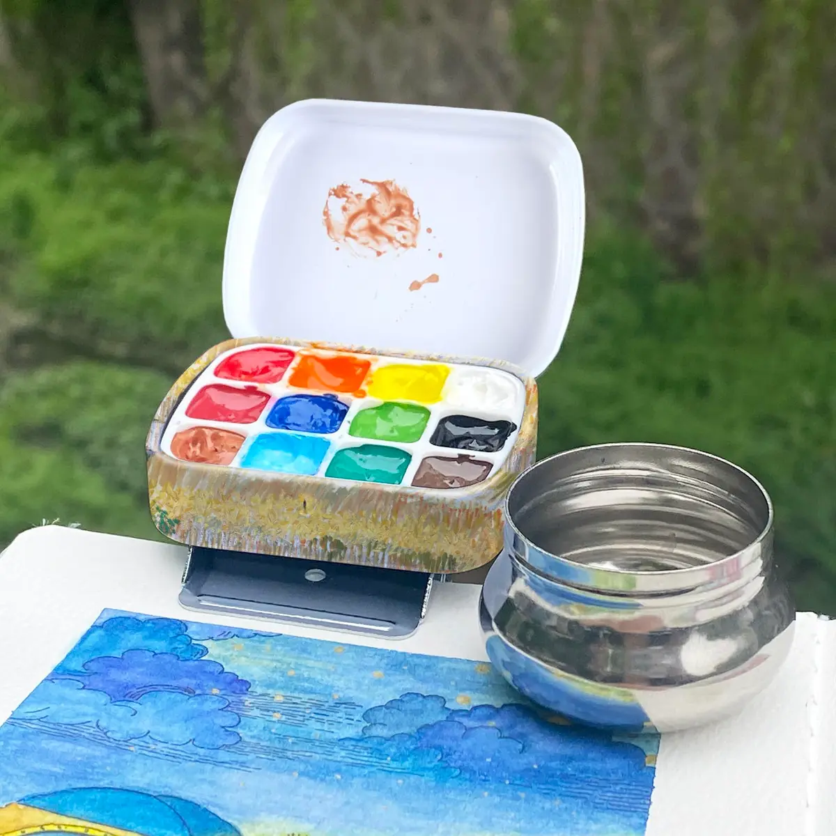 Qianshan Portable Travel Watercolor Palette, Mini Metal Tin Box, 12-Well | Compact Artist Set for On-the-Go Painting - view 5