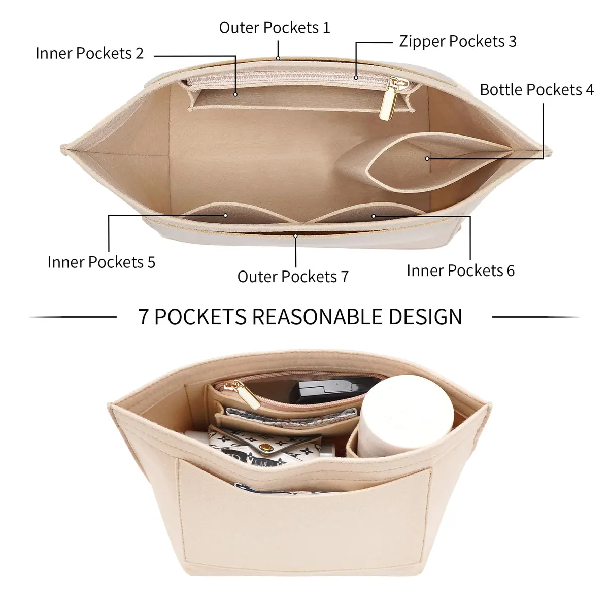 LOUKAYCCI Felt Purse Organizer Insert for Longchamp Le Pliage M Handbag, Medium Beige | Keeps Your Bag Organized & Protected - view 6