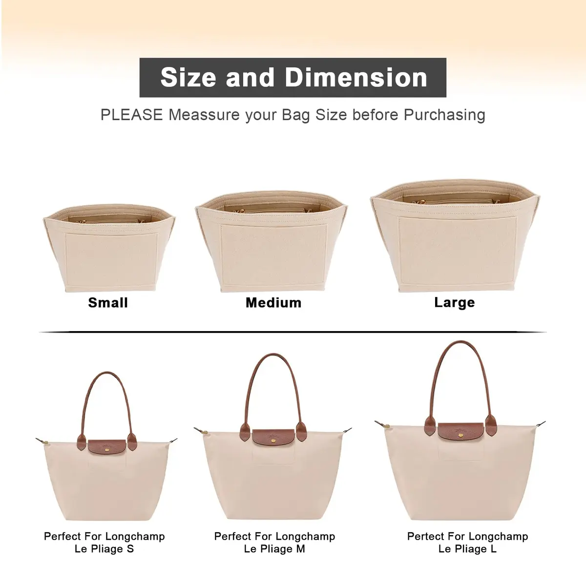 LOUKAYCCI Felt Purse Organizer Insert for Longchamp Le Pliage M Handbag, Medium Beige | Keeps Your Bag Organized & Protected - view 4