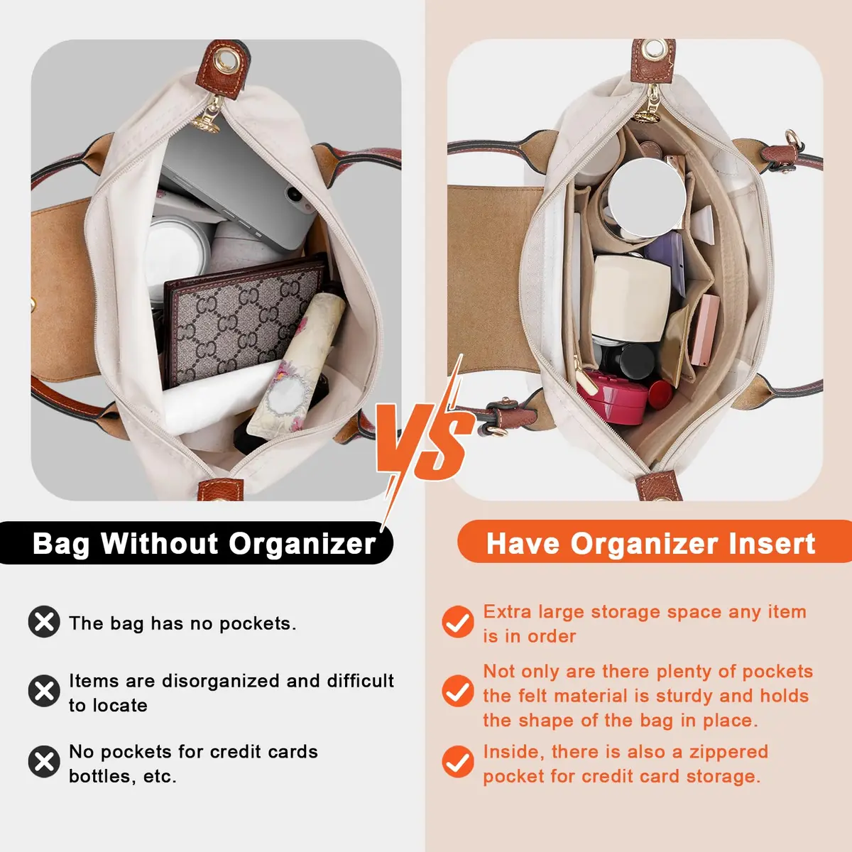 LOUKAYCCI Felt Purse Organizer Insert for Longchamp Le Pliage S Handbag, Small Beige | Keeps Your Bag Tidy & Structured - view 3