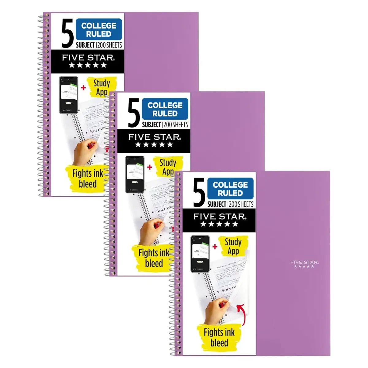 Five Star Spiral Notebook + Study App, 5 Subject, College Ruled Paper, 8-1/2" x 11", 200 Sheets, Amethyst Purple (Pack of 3) | Water-Resistant Cover & Ink Bleed Resistance - main product image