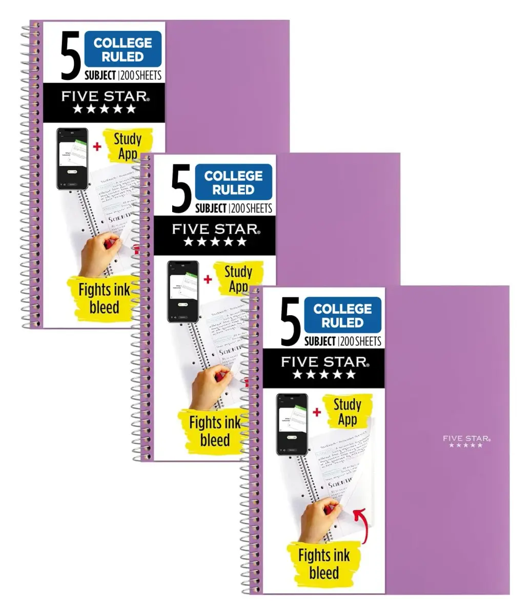 Five Star Spiral Notebook + Study App, 5 Subject, College Ruled Paper, 8-1/2" x 11", 200 Sheets, Amethyst Purple (Pack of 3) | Water-Resistant Cover & Ink Bleed Resistance - main product image