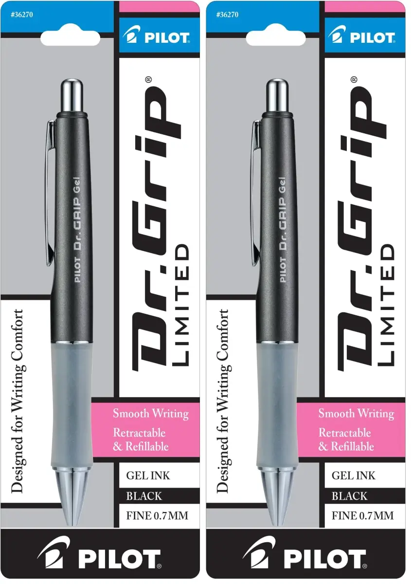PILOT Dr. Grip Limited Retractable Gel Pen, Fine Point 0.7mm, Charcoal Gray Barrel | Black Ink | Pack of 2 - main product image